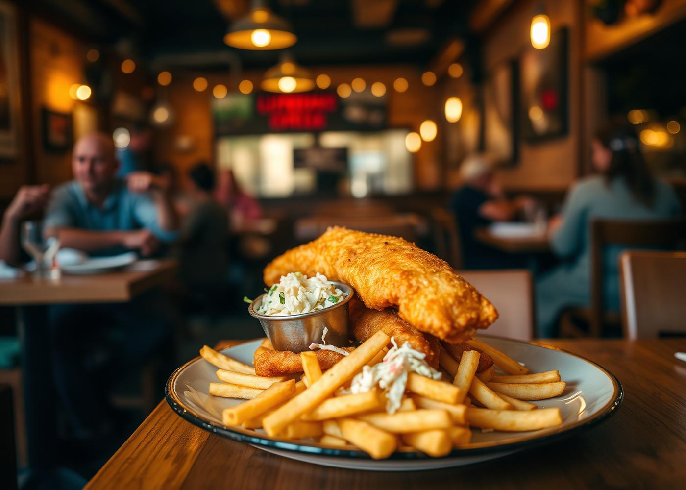 Fried fish dinner served at a warm café table